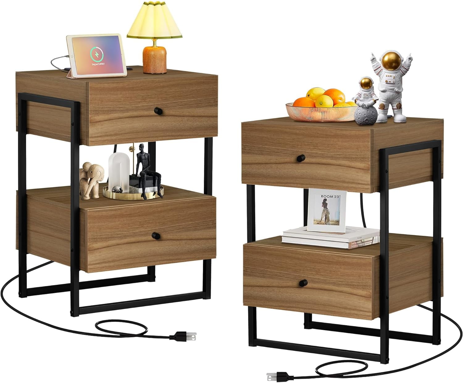 Nightstand Set Of 2, End Table Usb Ports And Outlets Modern Farmhouse