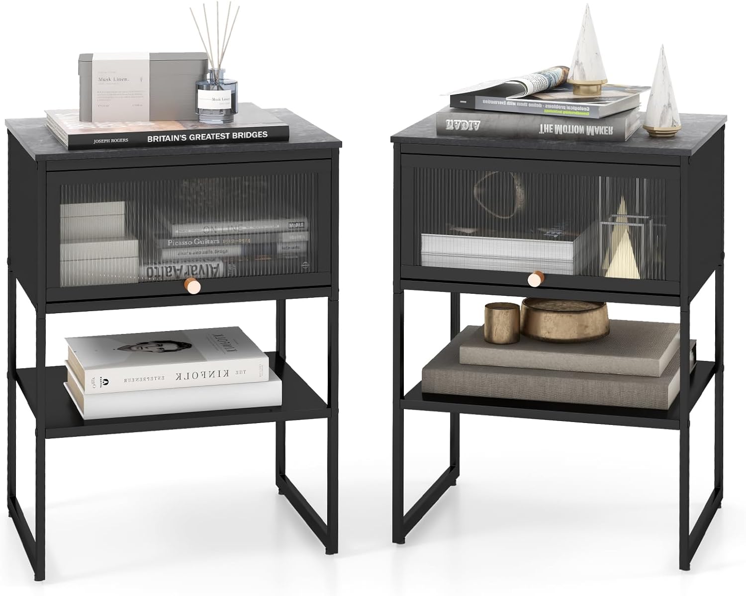 Nightstand Set Of 2 With Flip Up Door, Modern Sofa Side Table With Open