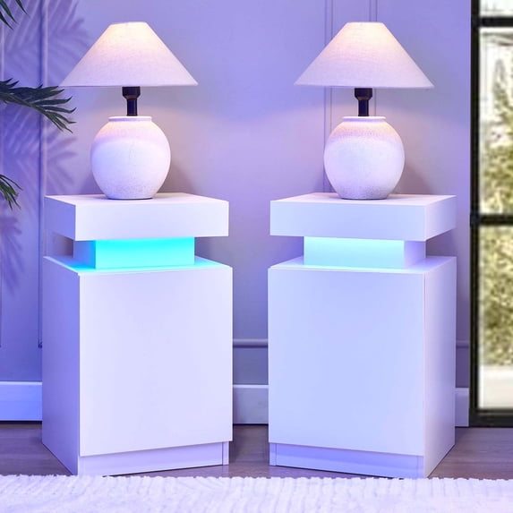Nightstand Set Of 2, Wooden Night Stand With LED Lights, Modern Bedside Table With Storage Cabinet, White