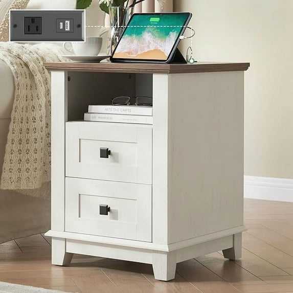 VanAcc Nightstand Set of 1 with Charging Station, Farmhouse Side Table with 2 Tiers Storage Drawer and Wood Cubby for Bedroom, Office, White/Barnwood