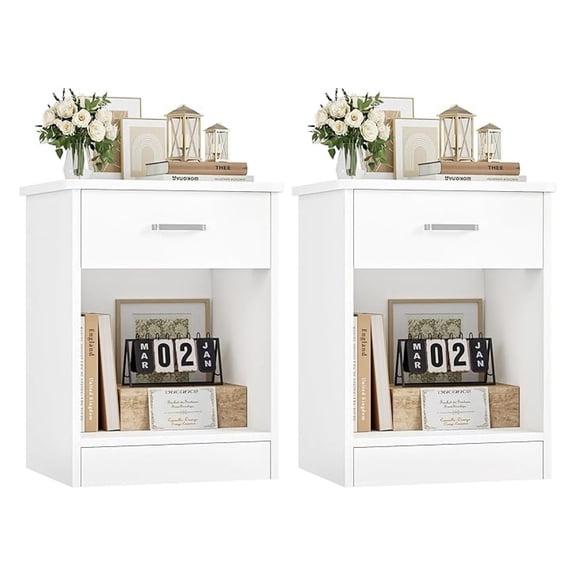 Nightstand, Set of 2, 2 Tier Nightstand with Drawer and Storage Shelf, Bedside Table End Table, Modern Night Stand for Bedroom, Home Office,White
