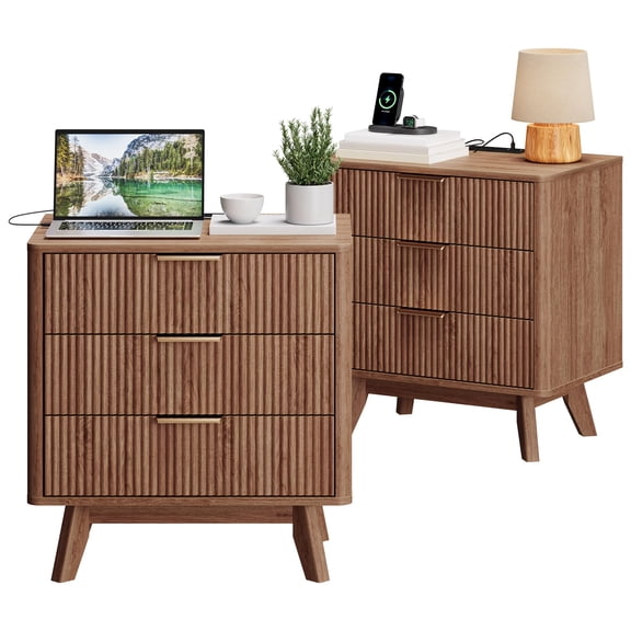 Nightstand Set of 2, 24-Inch Walnut Bedside Tables with Charging Station, 2 Drawers, Gold Handles, and Anti-Tip Design for Bedroom or Living Room