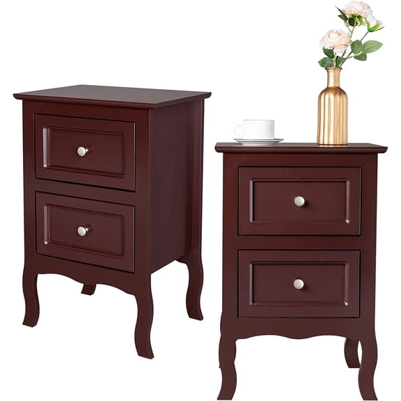 Nightstand Set of 2, Bedside Table with 2 Drawers, Farmhouse Bed Side Storage Cabinet Table Wooden End Table Accent Table Solid Wood Legs (Brown)
