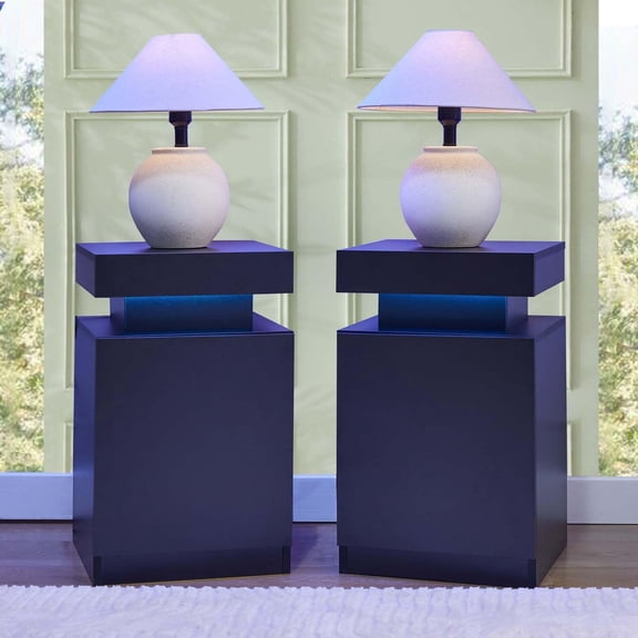 Nightstand Set of 2, Bedside Table with LED Lights, Night Stands Set End Side Table with Cabinet Storage for Bedroom, Black