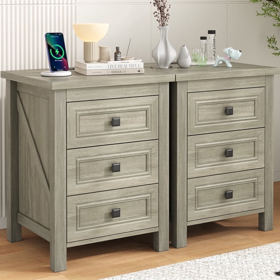Nightstand Set of 2, Bedside Table with Charging Station, Farmhouse 3 Drawer Nightstand Rustic Night Stand End Tables for Bedroom Living Room, Gray