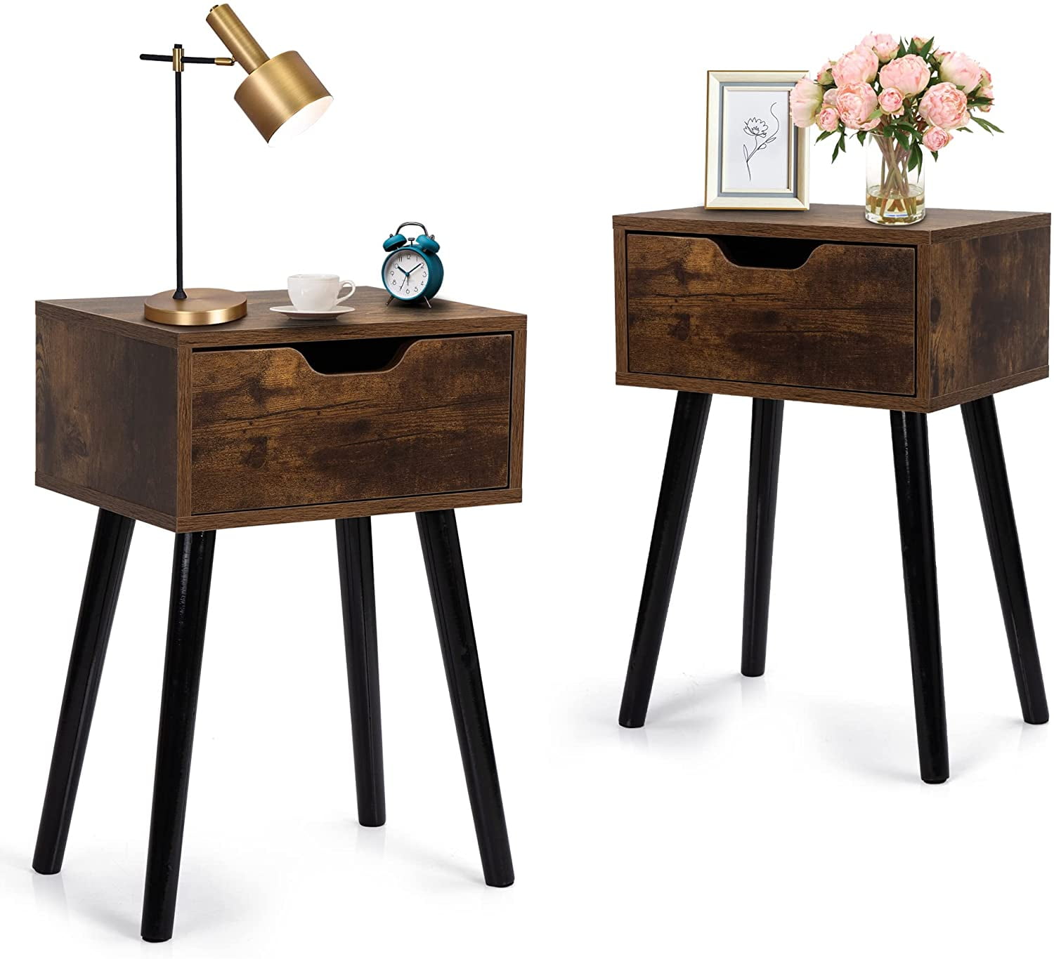 Nightstand Set of 2, Beside End Table with Storage Drawer and 15.7"H Solid Wood Legs, Accent Table for Living Room Bedroom Home Furniture