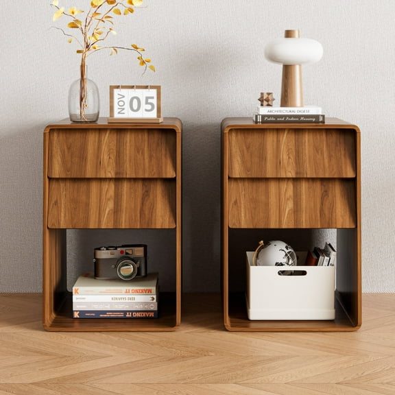 Nightstand Set of 2 Curved Slope Modern 2 Drawer Dresser Open Shelf End Table Bedside Furniture Bedside Table for Bedroom or Living Room-Walnut