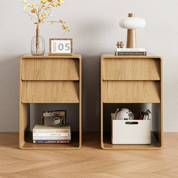 Nightstand Set of 2 Curved Slope Modern 2 Drawer Dresser Open Shelf End Table Bedside Furniture Bedside Table for Bedroom or Living Room-Wood