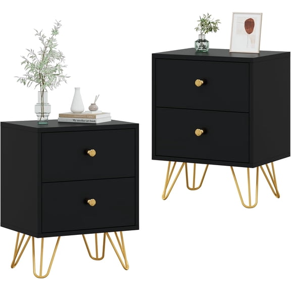 Nightstand Set of 2, End Side Table Double, Bedside Table with 2 Drawers, Dual Night Stand Metal Legs & Knobs for Bedroom Living Room (Black)