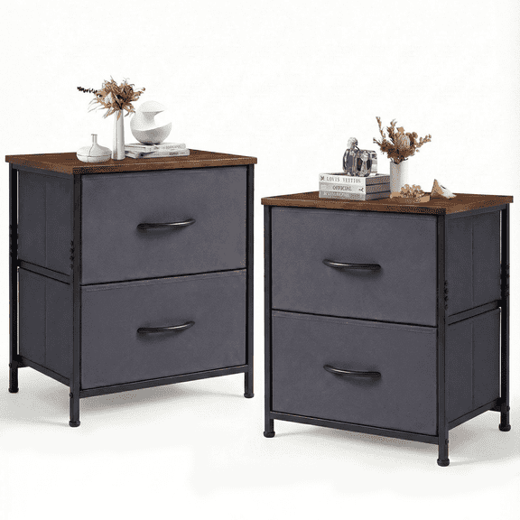 Dowellia Nighstand with 2 Drawer Fabric Storage for Living and Bedroom, Set of 2, Grey
