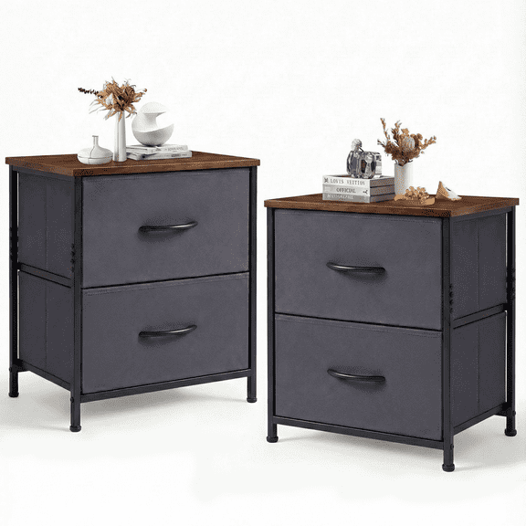 Dowellia Nighstand with 2 Drawer Fabric Storage for Living and Bedroom, Set of 2, Grey