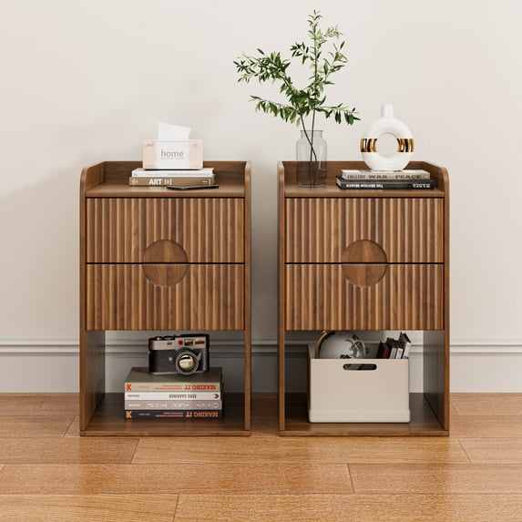 Nightstand Set of 2, End Table with Drawer, Fluted Side Table with Storage, Small bedside Table for Bedroom, Walnut