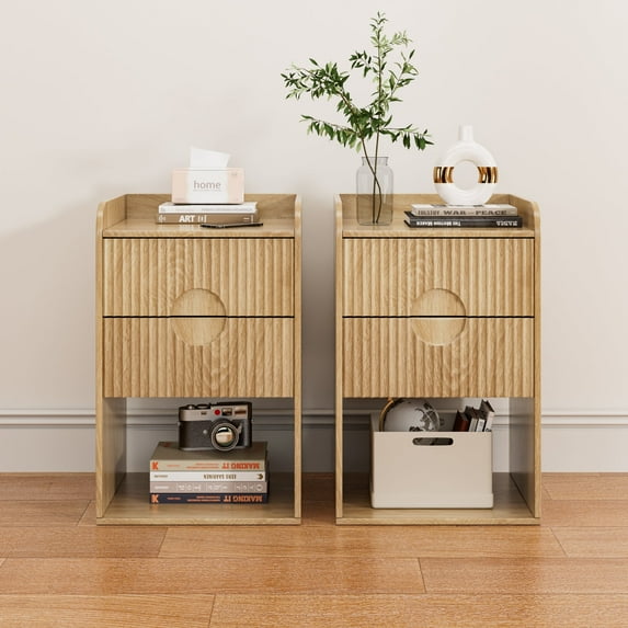 Nightstand Set of 2, End Table with Drawer, Fluted Side Table with Storage, Small bedside Table for Bedroom, Wood
