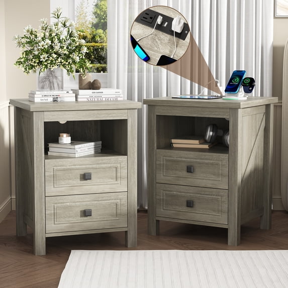 NEGYLIM 2-Piece Nightstand with Drawer,Farmhouse Nightstand with Charging Station,Bedside Tables End Table for Bedroom,Modern Wood Side Table for Living Room,Gray