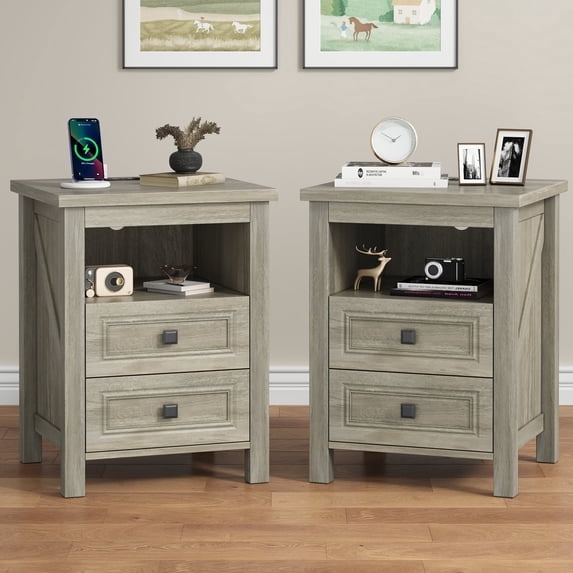 Nightstand Set of 2, Farmhouse End Table with Charging Station, 2 Drawers Storage for Bedroom, Gray