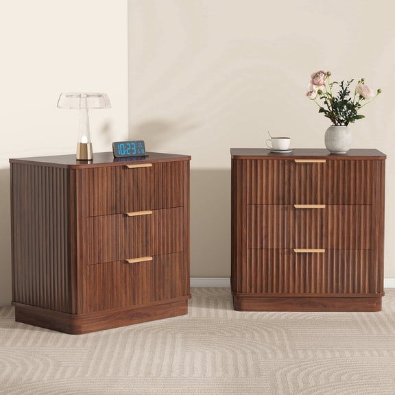 Nightstand Set of 2, Fluted Wood Nightstand, Bed Side Table Set of 2 with 3 Drawers, Walnut