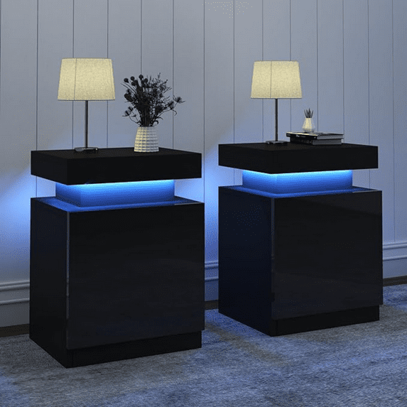 Nightstand Set of 2, LED Nightstand with One Cabinet, Bedside Table with LED Lights, Modern End Side Table for Bedroom, Black