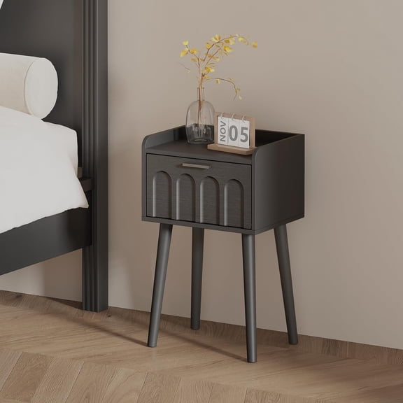 Nightstand Set of 2, Mid- Small Side End Table with Arced Door, Bedside Tables with Solid Wood Legs for Bedroom, Living Room (Black)