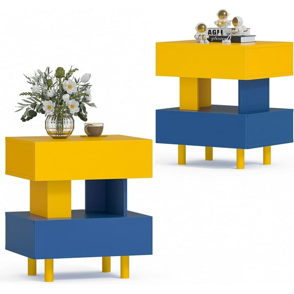 Nightstand Set of 2 Modern Nightstand End Side Table wih Large Storage Space Bedside Table for Bedroom, Living Room and Playroom, Yellow & Blue