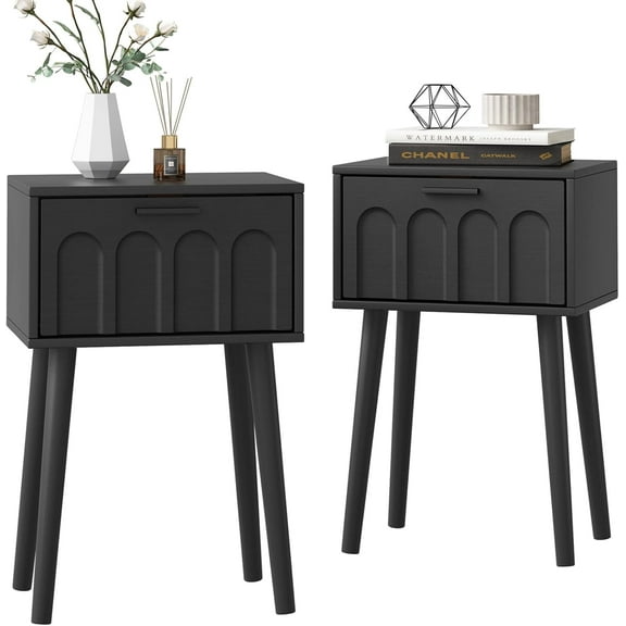 Nightstand Set of 2, Small Bed Side Table with Arch Door, Mid-Century End Table with Wood Legs for Bedroom, Small Space (Black)