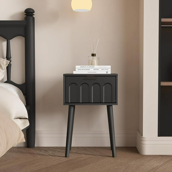 Nightstand Set of 2, Small Bed Side Table with Arch Door, Mid- End Table for Bedroom, Black