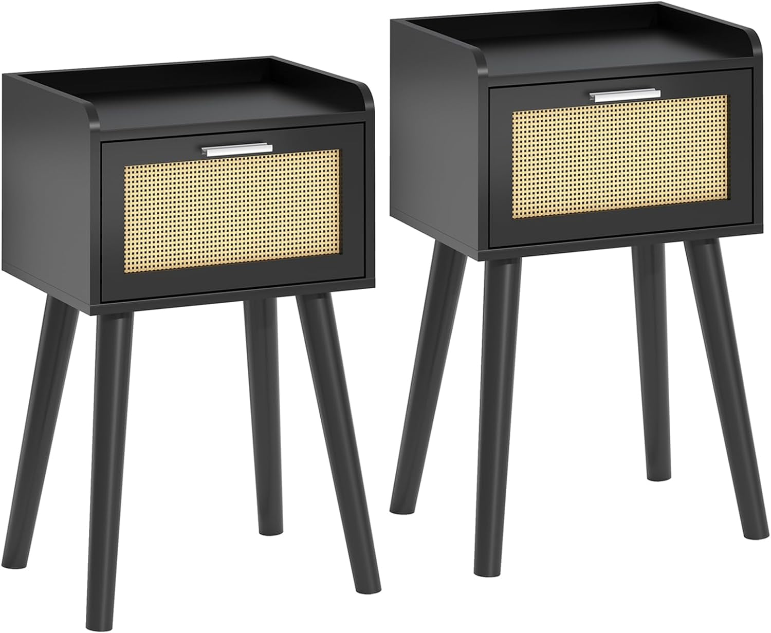 Nightstand Set of 2, Small Black Bedside Table, End Table with Rattan ...