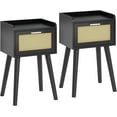 thumbnail image 1 of Nightstand Set of 2, Small Black Bedside Table, End Table with Rattan Door, Boho Side Table with Solid Wood Legs for Bedroom Living Room Small Space, 1 of 14