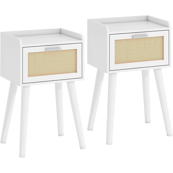 Nightstand Set of 2, Small White Bedside Table, End Table with Rattan Door, Boho Side Table with Solid Wood Legs for Bedroom Living Room Small Space