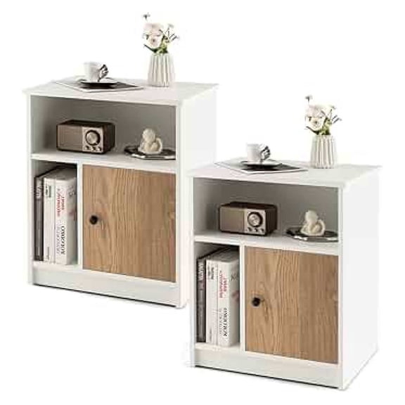 Nightstand Set of 2, Sofa Side Table with Open & Enclosed Storage, Cable Management, Modern Bedside Storage Cabinet, End Table for Bedroom, White