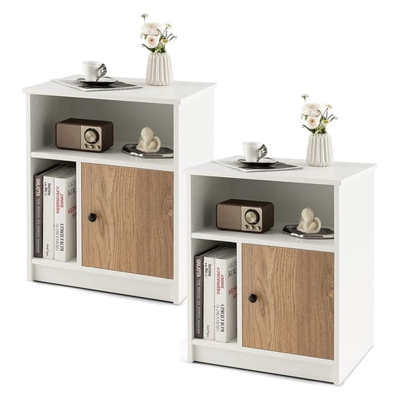 Nightstand Set of 2, Sofa Side Table with Open & Enclosed Storage, Cable Management, Modern Bedside Storage Cabinet, End Table for Bedroom, White