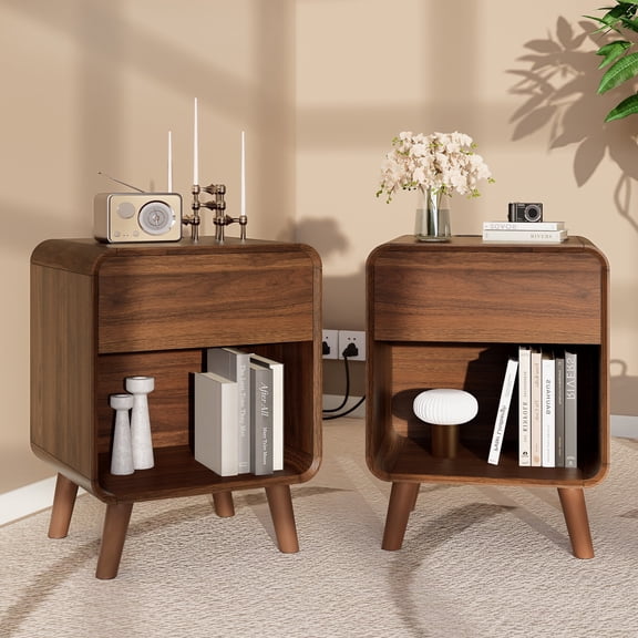 Nightstand Set of 2, Wood Nightstand with Charging Station, Round Corner Bed Side Table Set of 2, Bedroom Nightstand, Walnut
