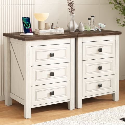 Nightstand Set of 2, bedside table with charging station, White farmhouse 3 drawer nightstand Rustic night stand end tables for bedroom Living Room