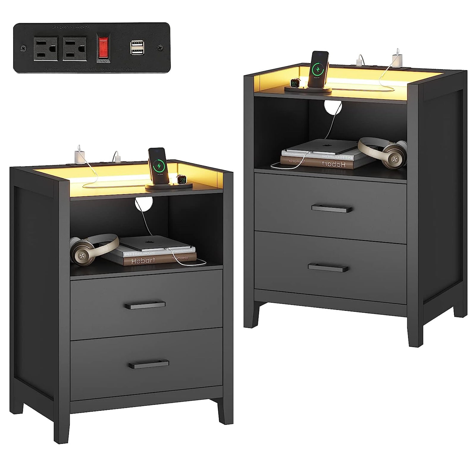 Compact Nightstand Set of 2 with USB Power, 2 Drawers & Charging