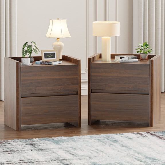 Nightstand Set of 2 with 2 Drawers, Modern End Table Bedside Table for Bedroom, Large Night Stands with Cut-Out Handle, Walnut