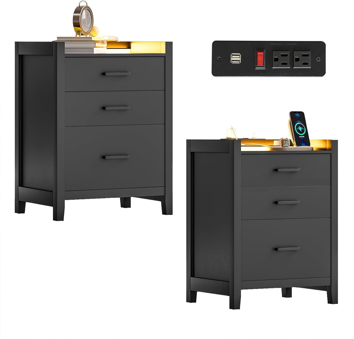 Pair of Nightstands with 3 Drawers, LED Lights, & USB Outlets, Black