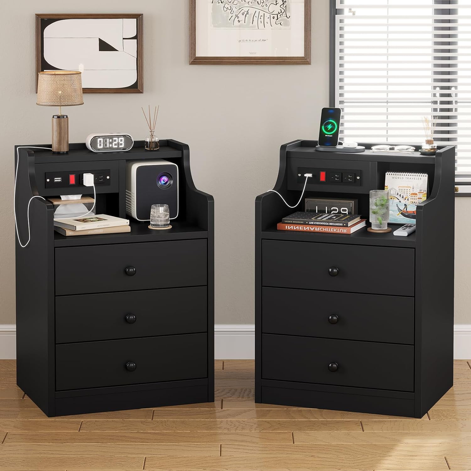 Nightstand Set of 2 with Charging Station, Bedside Table with Hutch and