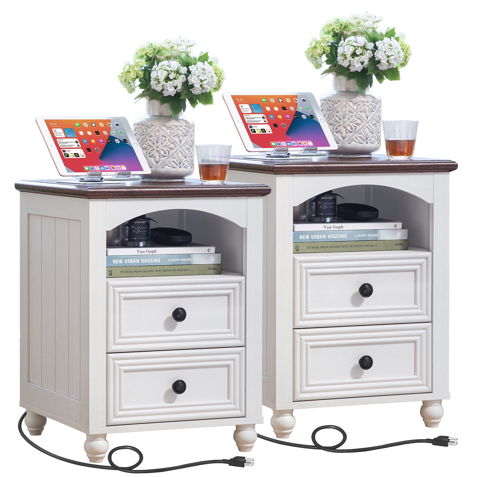 Nightstand Set of 2 with Charging Station, Farmhouse Bedside Tables Night Stands with 2 Drawers, Side Tables for Bedroom, Living Room, White