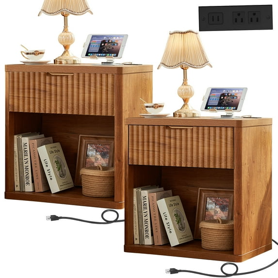 Nightstand Set of 2 with Charging Station, Farmhouse Bedside Tables Night Stands with Drawer, Boho Side Tables for Bedroom, Living Room, Brown