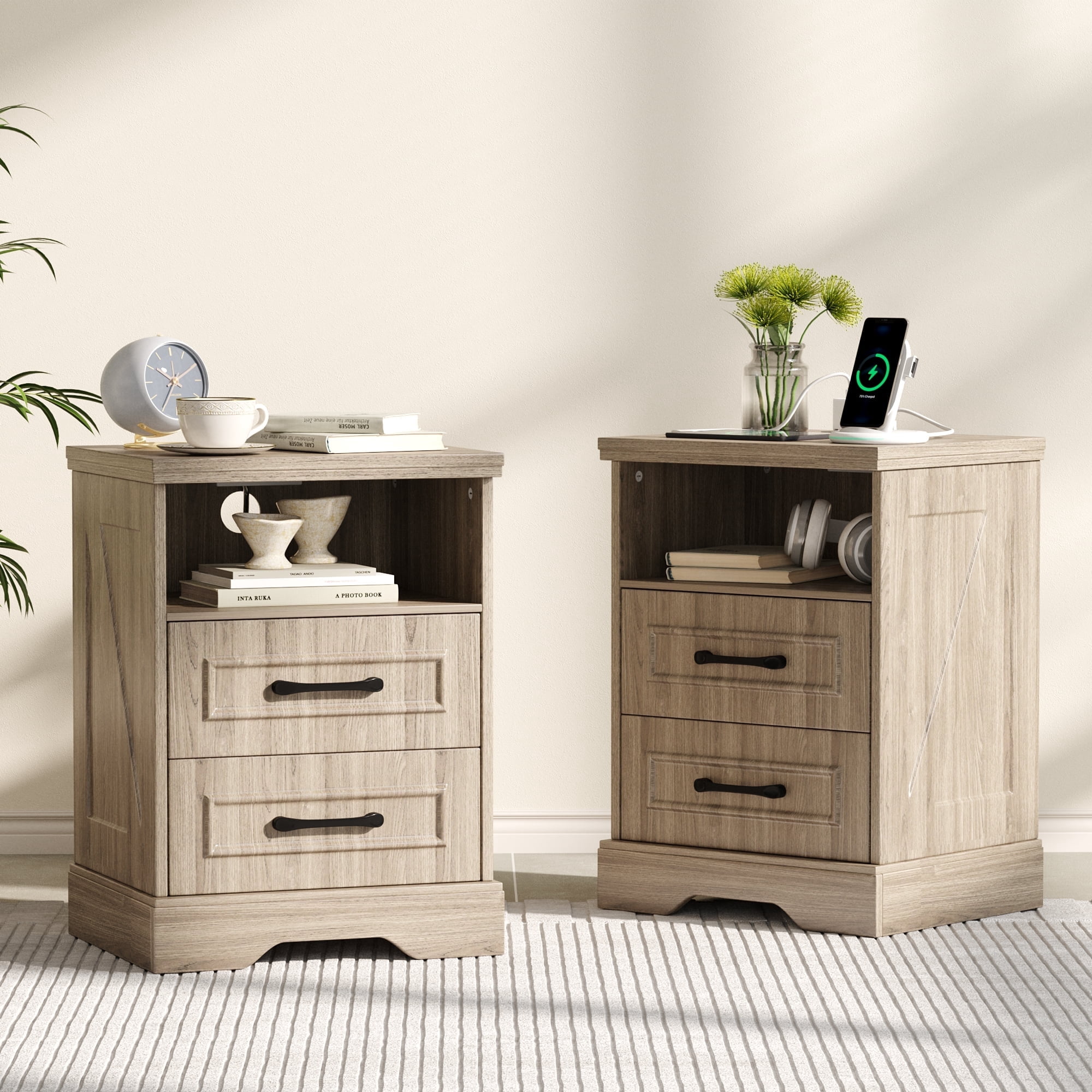 Nightstand Set of 2 with Charging Station, Farmhouse End Table with 2 Drawers Storage Side Table Bedside Cabinet for Bedroom Living Room,Gray