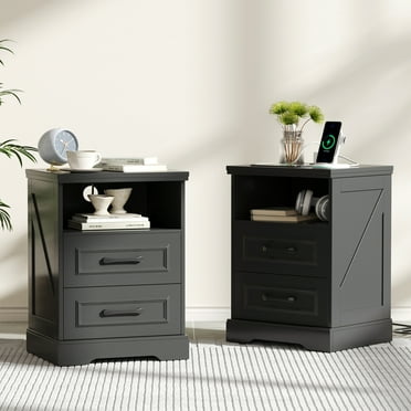 Nightstand Set of 2 with Charging Station, Farmhouse End Table with 2 Drawers Storage Side Table Bedside Cabinet for Bedroom Living Room