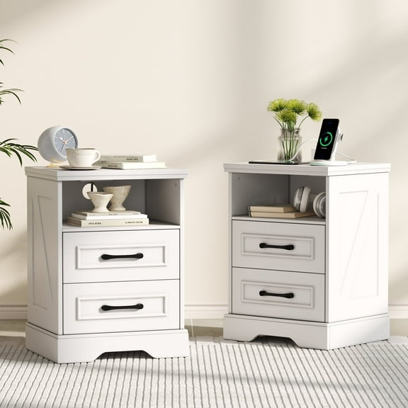 Nightstand Set of 2 with Charging Station, Farmhouse End Table with 2 Drawers Storage Side Table Bedside Cabinet for Bedroom Living Room