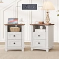 thumbnail image 1 of Nightstand Set of 2 with Charging Station, Farmhouse Side Table with 2 Tiers Storage Drawer and 1 Open Wood Cubby for Bedroom, Office, White/Barnwood, 1 of 10