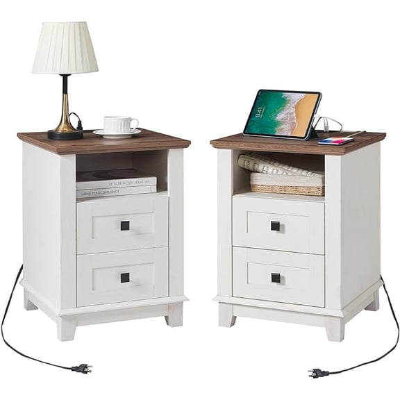 VanAcc Nightstand Set of 2 with Charging Station, Farmhouse Side Table with 2 Tiers Storage Drawer and Wood Cubby for Bedroom, Office, White/Barnwood