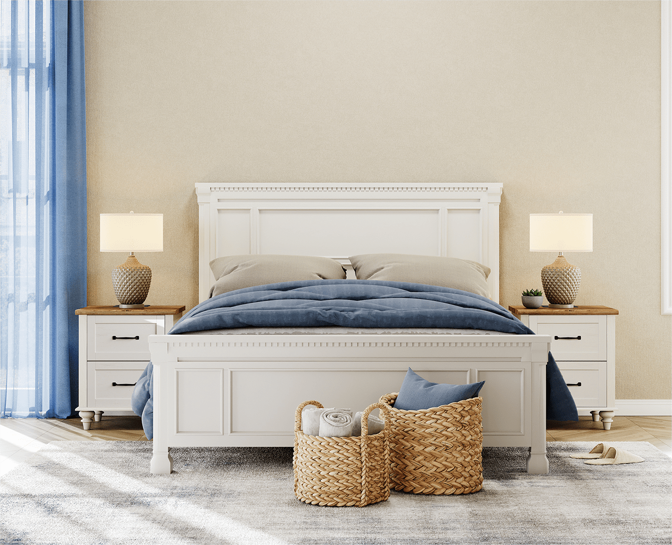 Nightstand Set of 2 with Charging Station Farmhouse Wooden End Table Sofa Side Table  with 2 Drawers for Bedroom Living Room, White/ Oak