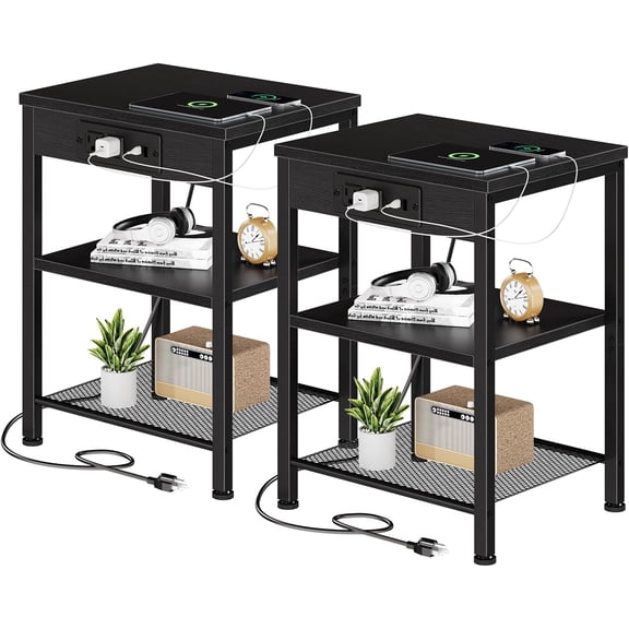 Nightstand Set of 2 with Charging Station, Industrial Bedside Table