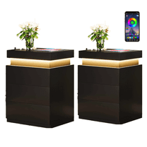 Nightstand Set of 2 with Charging Station,LED Lights,Sliding Top ,Bedside Table with 3 Drawers for Bedroom,Black
