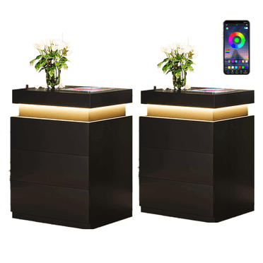 Nightstand Set of 2 with Charging Station,LED Lights,Sliding Top ,Bedside Table with 3 Drawers for Bedroom,Black