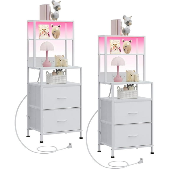 Nightstand Set of 2 with Charging Station, LED Night Stands with 2 Fabric Drawers and 4 Storage Open Shelves, Bedside Table Sets for Bedroom, White