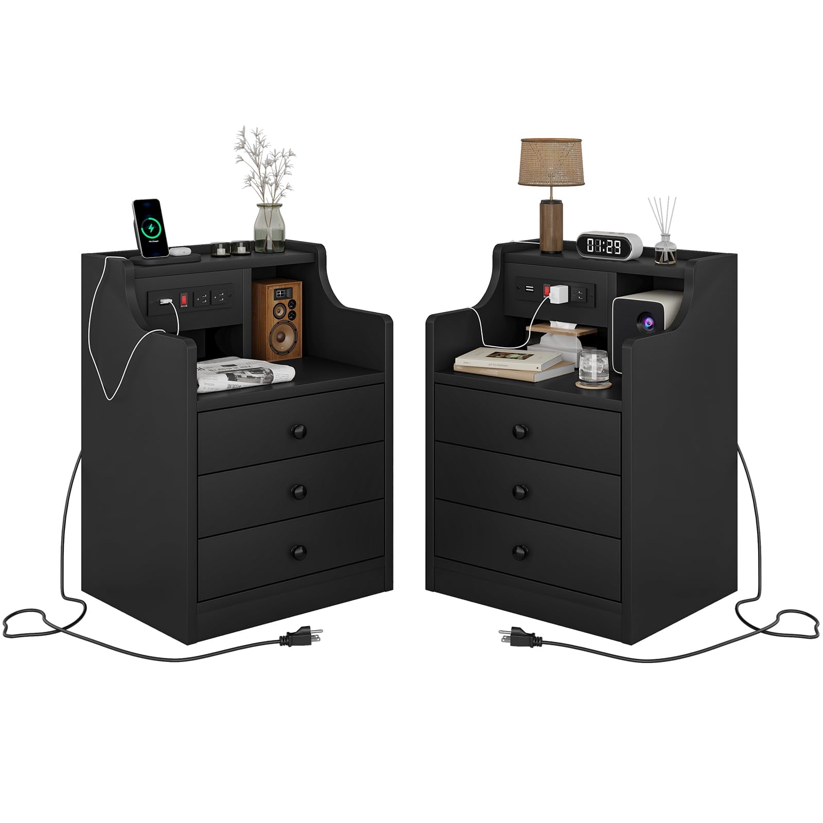 Nightstand Set of 2 with Charging Station, Night Stand with Hutch and