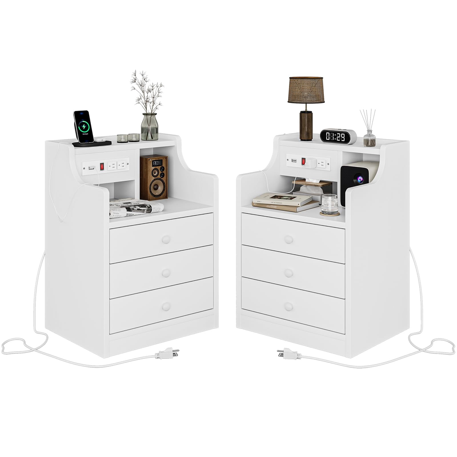 Nightstand Set of 2 with Charging Station, Night Stand with Hutch and